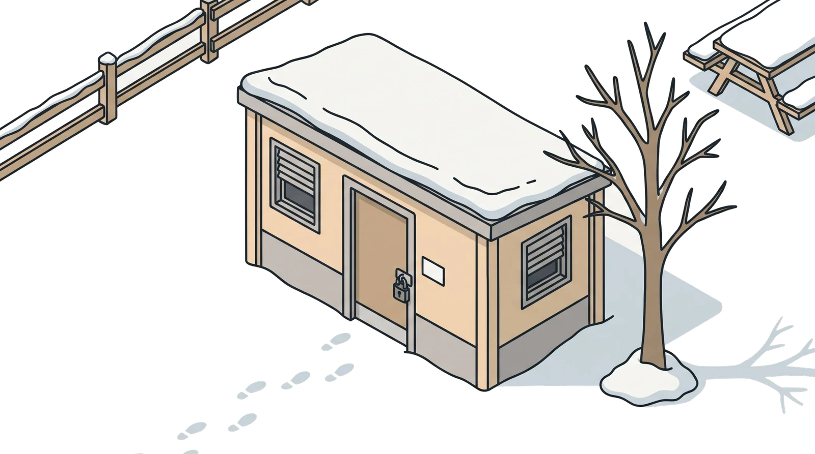 A closed shower block in the snow with a marked outdoor tap and the number 7.